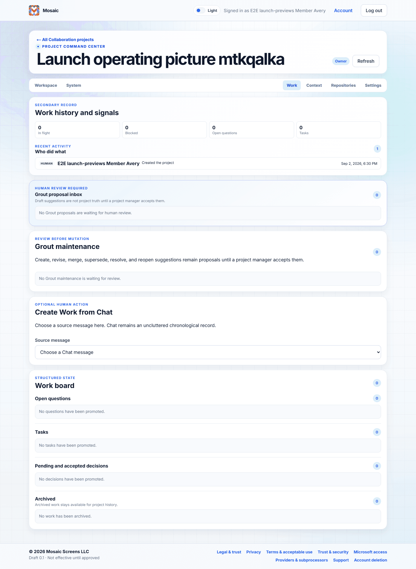 Mosaic Collaborate project command center with conversation, decisions, and coordinated tasks